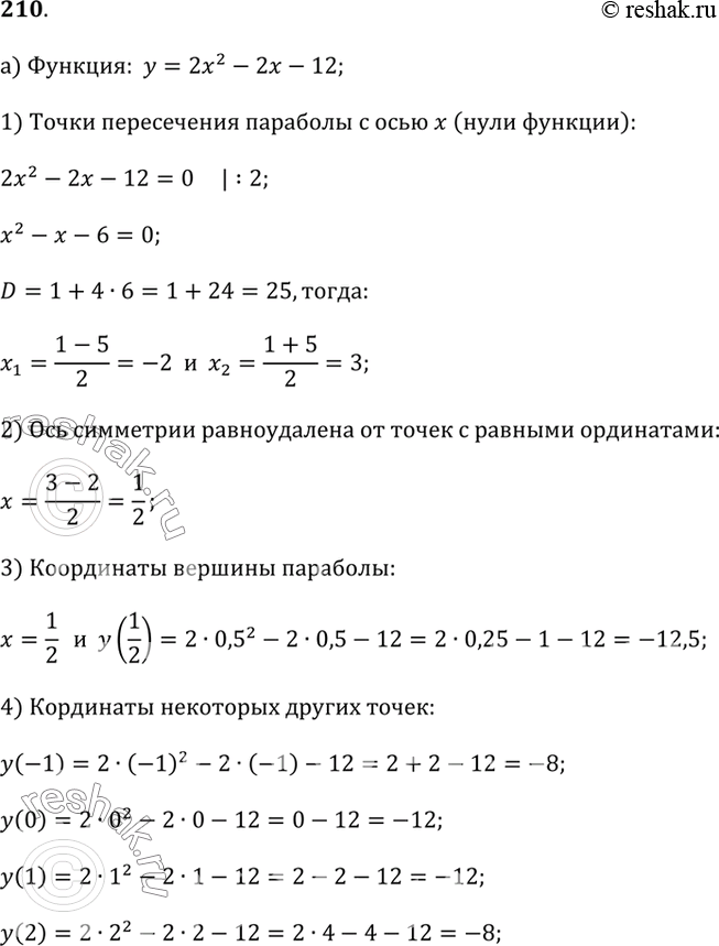 Изображение 210. Постройте график функции, воспользовавшись планом, предложенным в предыдущем упражнении:а) у = 2х^2 - 2х - 12;   б) у = -2х^2 +...