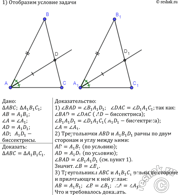 Изображение Докажите, что треугольники ABC и А1В1С1 равны, если АВ = А1В1, угол A = угол A1, AD = A1D1, где AD и A1D1 — биссектрисы...