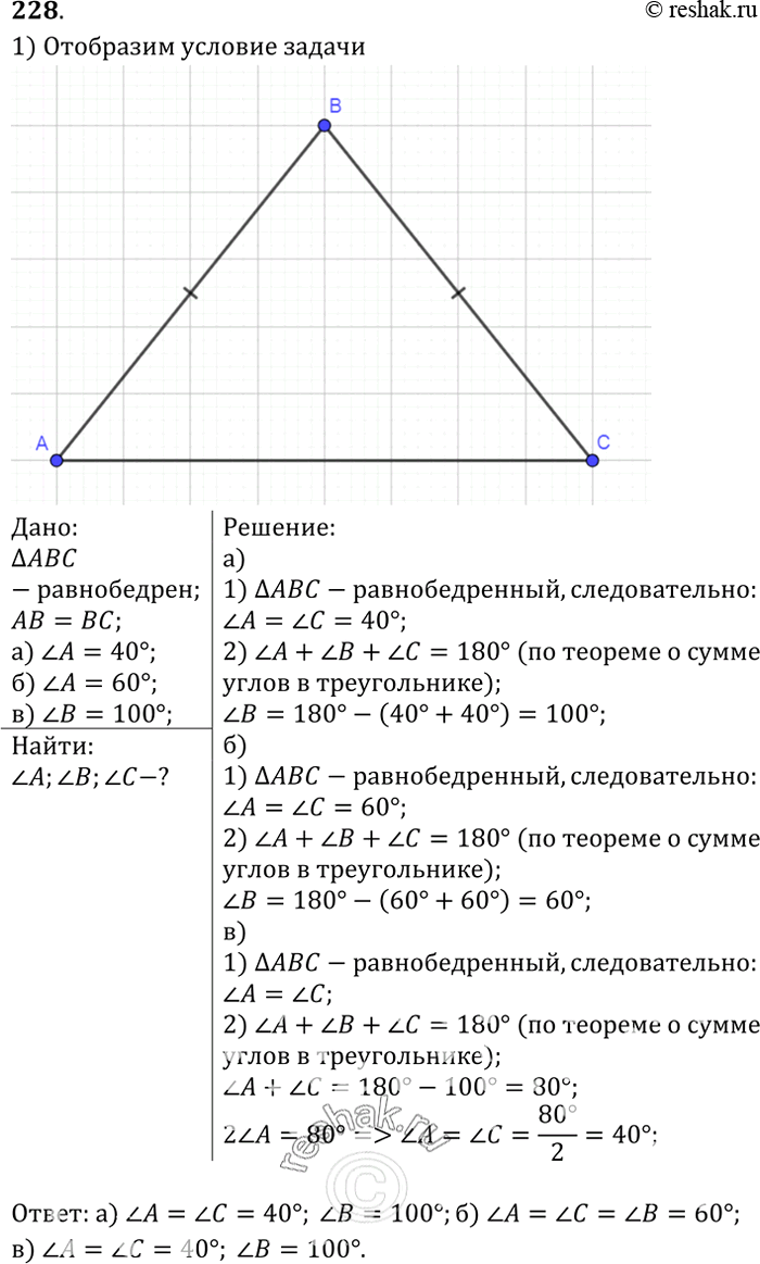 Изображение Найдите углы равнобедренного треугольника, если один из его углов равен: а) 40°; б) 60°; в)...