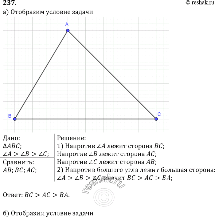 Изображение Сравните стороны треугольника ABC, если: а) угол А > угол B > угол C; б) угол A>угол B = угол...