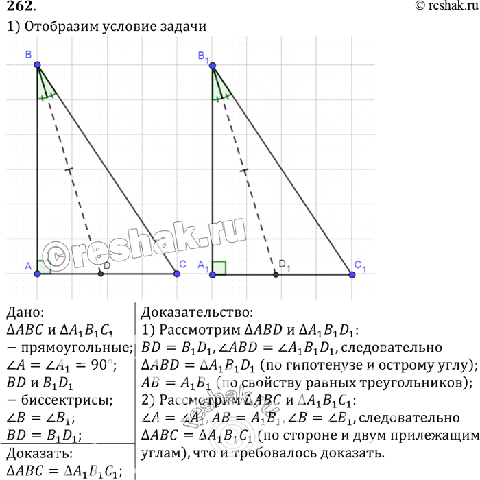 Изображение В треугольниках ABC и A1B1C1 углы А и А1 — прямые, BD и B1D1 — биссектрисы. Докажите, что треугольникАВС = треугольникА1В1С1, если угол B=угол B1 и BD =...