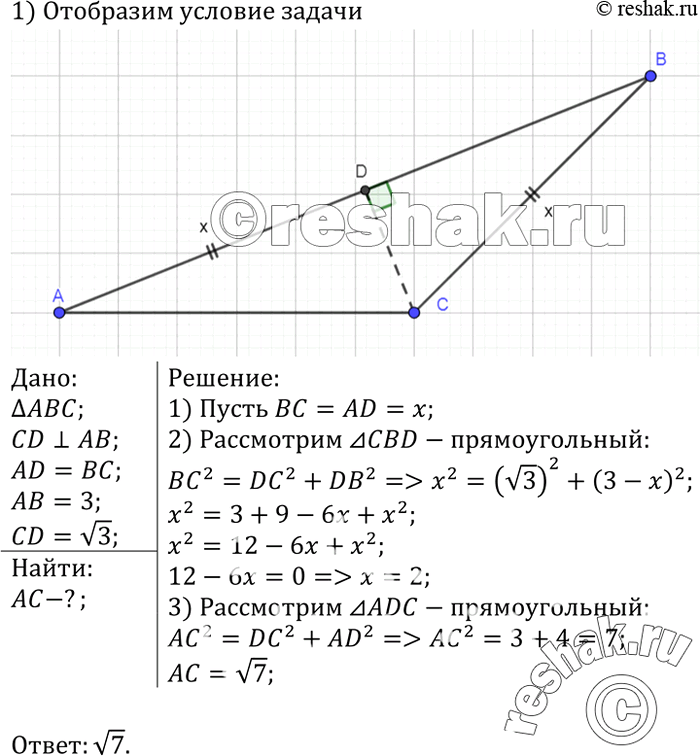 Изображение Основание D высоты CD треугольника ABC лежит на стороне АВ, причём AD = BC. Найдите АС, если АВ = 3, a CD =...