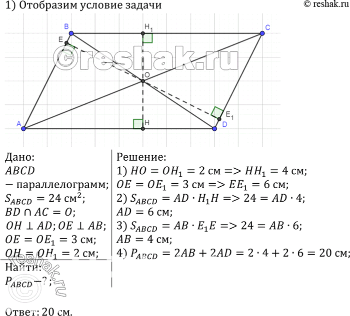 Изображение Найдите периметр параллелограмма, если его площадь равна 24 см2, а точка пересечения диагоналей удалена от сторон на 2 см и 3...