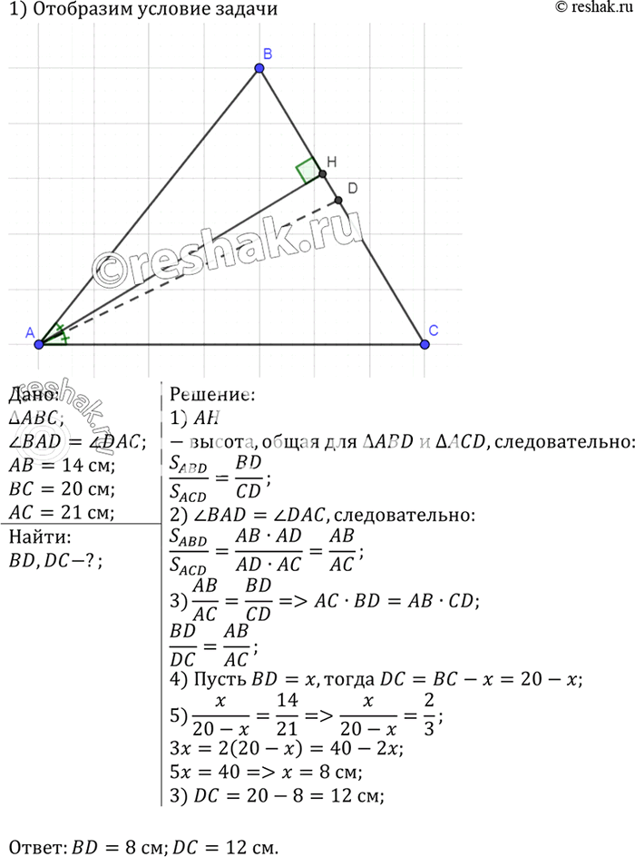 Изображение Отрезок AD является биссектрисой треугольника ABC. Найдите BD и DC, если АВ = 14 см, ВС = 20 см, АС = 21...