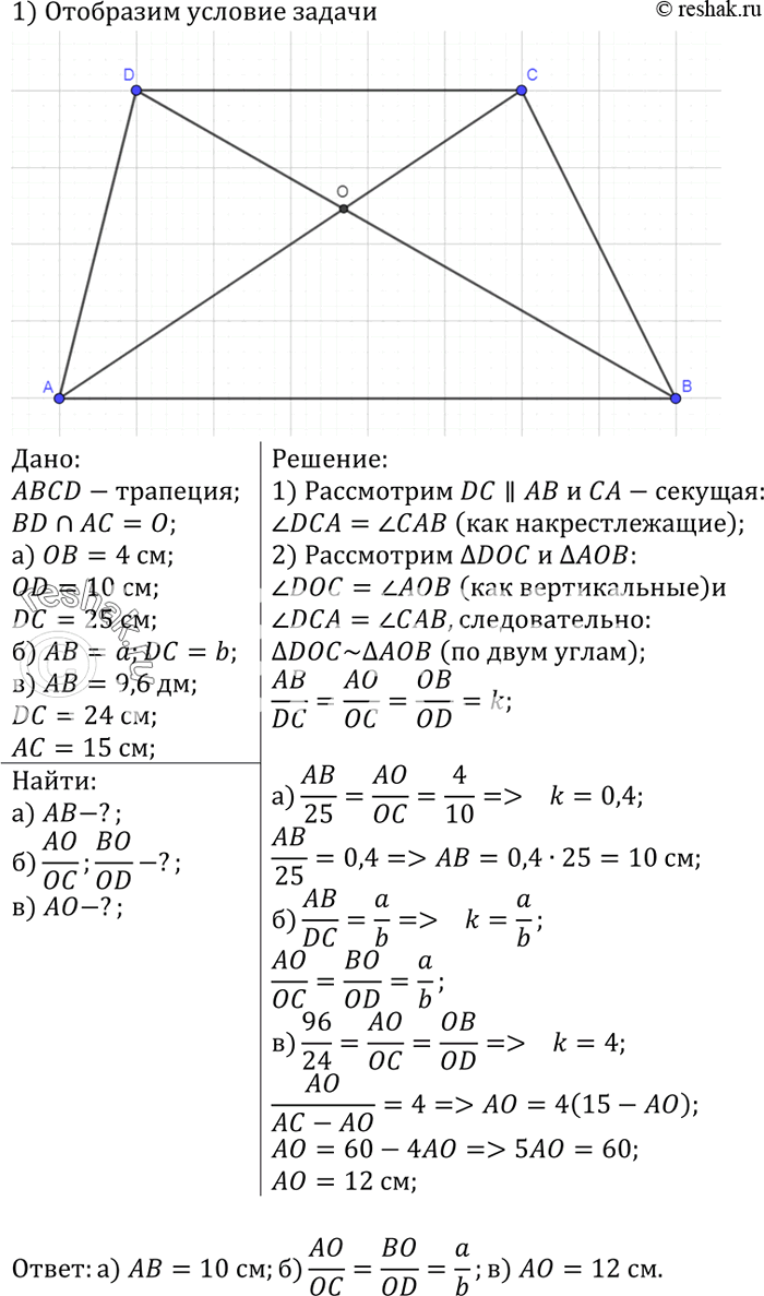 Изображение Диагонали трапеции ABCD с основаниями АВ и CD пересекаются в точке О. Найдите: а) АВ, если ОВ = 4см, OD= 10 см, DC = 25 см; б) AO/OC и BO/OD если АВ = a, DC=b; в) АО,...