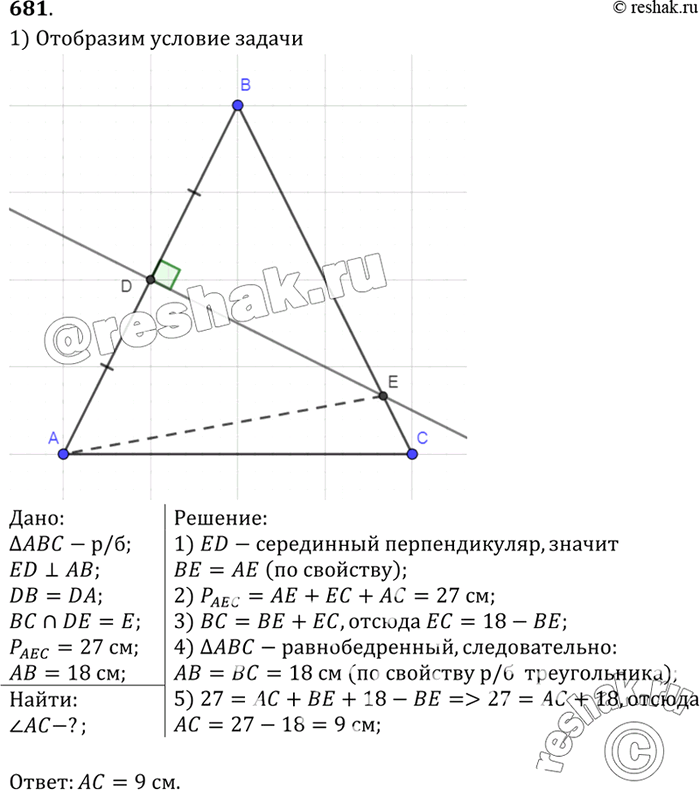 Изображение Серединный перпендикуляр к стороне АВ равнобедренного треугольника ABC пересекает сторону ВС в точке Е. Найдите основание АС, если периметр треугольника АЕС равен 27 см,...