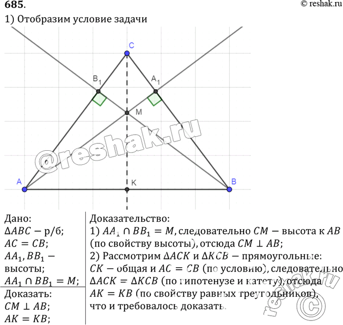 Изображение Высоты АА1 и ВВ1 равнобедренного треугольника ABC, проведённые к боковым сторонам, пересекаются в точке М. Докажите, что прямая МС — серединный перпендикуляр к отрезку...