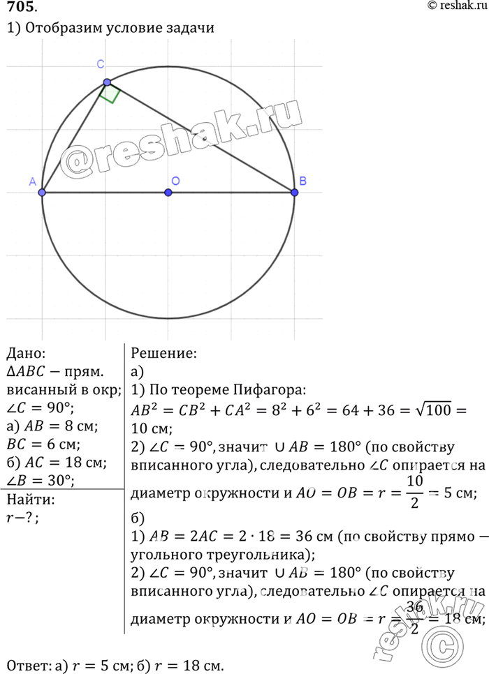 Изображение Около прямоугольного треугольника ABC с прямым углом С описана окружность. Найдите радиус этой окружности, если: а) АС = 8 см, ВС = 6 см; б) АС = 18 см, уголB =...
